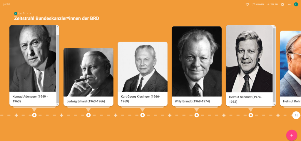 Zeitstrahl mit den Bundeskanzlern der BRD auf Padlet